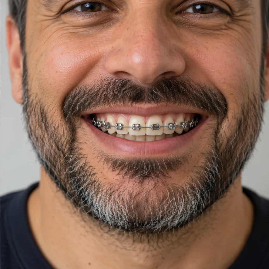 Imagem ilustrativa de um sorriso com bráquetes e fios de aparelho fixo metálico