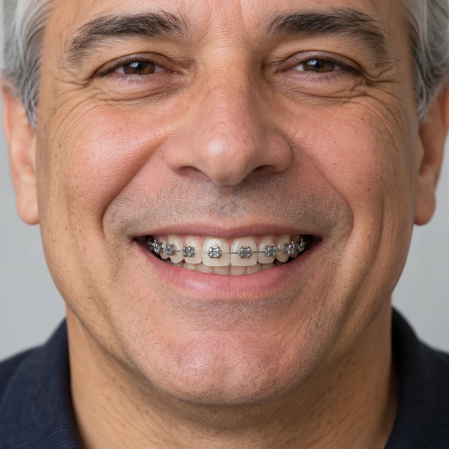 Imagem ilustrativa de um sorriso com bráquetes e fios de aparelho fixo metálico