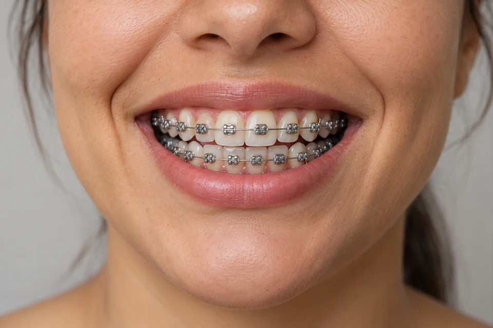 Imagem ilustrativa de um sorriso com bráquetes e fios de aparelho fixo metálico