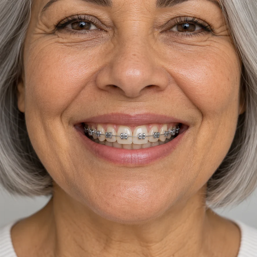 Imagem ilustrativa de um sorriso com bráquetes e fios de aparelho fixo metálico