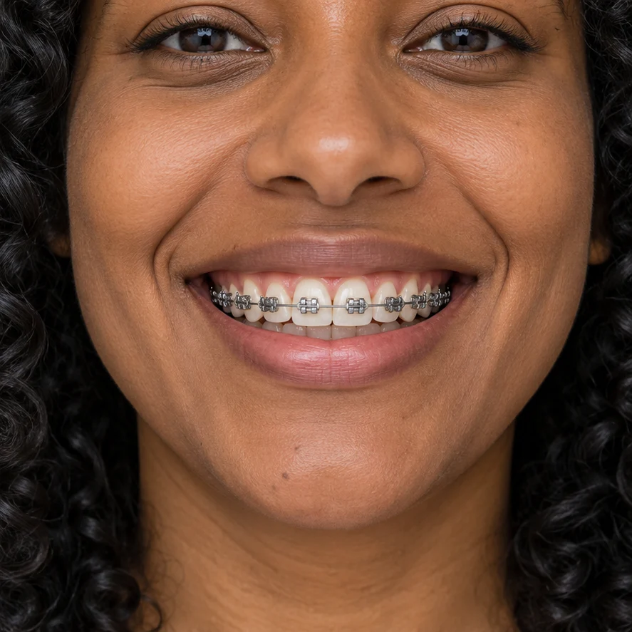 Imagem ilustrativa de um sorriso com bráquetes e fios de aparelho fixo metálico