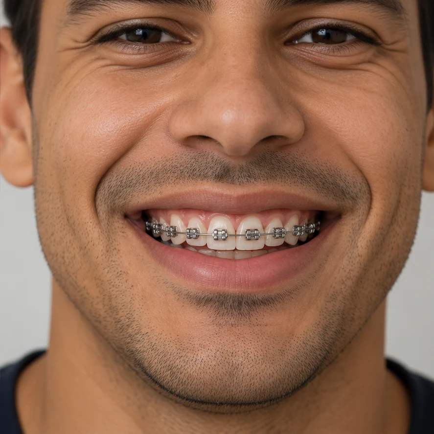Imagem ilustrativa de um sorriso com bráquetes e fios de aparelho fixo metálico